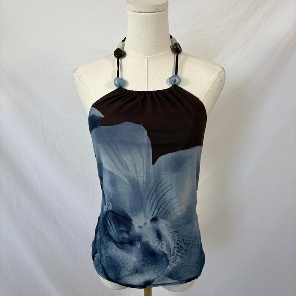 rich & famous Tops - Rich & Famous brown blue floral halter top beaded size large y2k boho chic